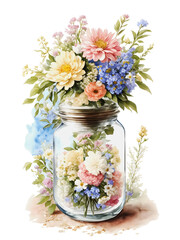 Flowers in glass jar watercolor