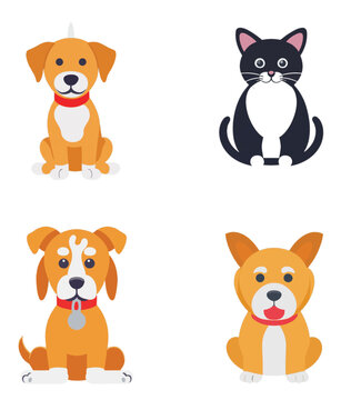 Set of vector illustrators dogs, animal cartoon icons, flat 2D icons, nature pictures, puppies and pets.