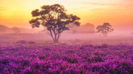 Fototapeta na wymiar Blooming Heather fields, purple pink heather in bloom, blooming heater on the Veluwe Zuiderheide park, Netherlands. Holland during sunrise with fog and mist