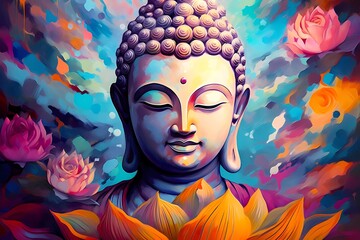 Illustration of Buddha statue with lotus flowers in painting style, Generated ai, generative, ai - obrazy, fototapety, plakaty