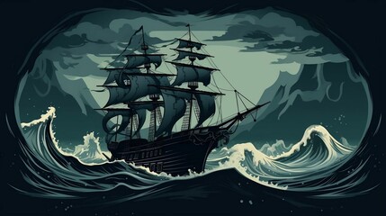 backround Pirate ship sailing on stormy seas with a kraken
