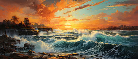 Beautiful seascape with waves at sunset. Digital oil color painting illustration. - obrazy, fototapety, plakaty