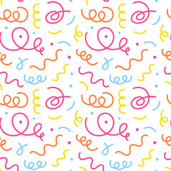 Colorful squiggle fun party seamless pattern. Cute bright elements. doodle background illustration of birthday celebration decoration and childish creative abstract scribbles