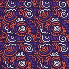 Colorful squiggle halloween party seamless pattern. Cute scary elements. doodle background illustration of autumn celebration decoration and childish creative abstract scribbles