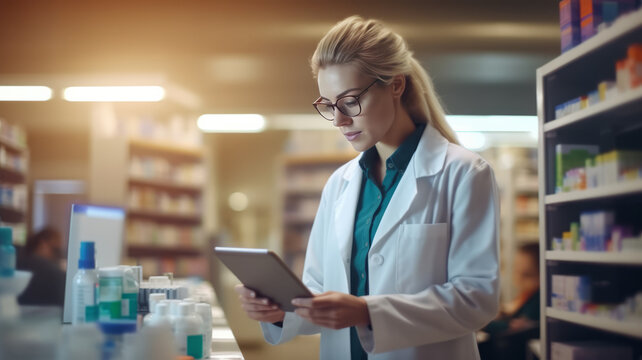 photograph of A beautiful pharmacist uses digital tablet computer.