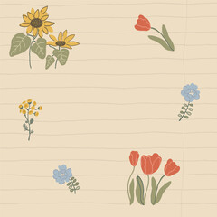 Cottagecore plaid gingham print wallpaper with red yellow and blue flowers. Hand drawn doodle flowers Cottagecore Chintz rustic botanical Background
