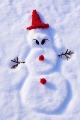 A drawn snowman in the snow, red cap and twigs.