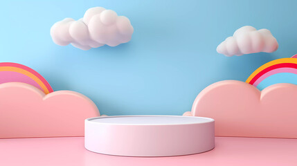3D rendering podium colourful and childish style, blue sky background, clouds, rainbow, and weather with empty space for kids or baby products. Bright and pastel colors.
