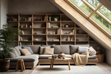 Fototapeta na wymiar Sofa against bookshelf in a cozy livingroom