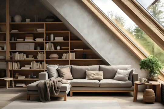 Sofa against bookshelf in a cozy livingroom