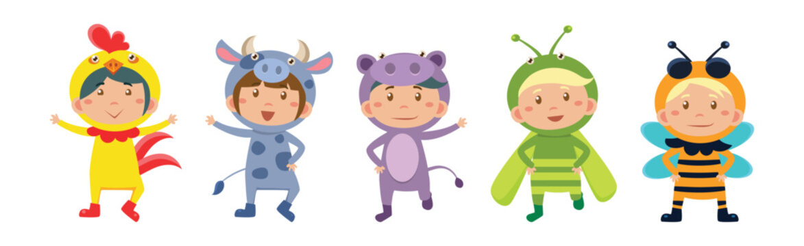 Funny Kid Characters Wearing Festive Party Costumes Vector Set