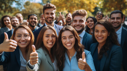 overjoyed young diverse employees workers show thumb up recommend good quality company service.