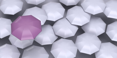 Standing out from the crowd. Purple unique umbrella among many white. Diverse business individual concept. Innovative, creative ideas, new solution. 3D render illustration background, copy space.