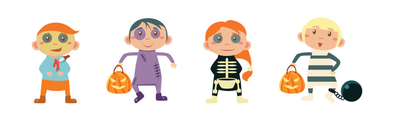 Kids in Halloween Costumes at Festive Party Vector Set