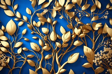  Gold leaves shimmer in the light, casting a warm, inviting glow, while the royal blue flowers add a touch of regal sophistication to the scene.he branches, with their sinuous curves and intricate