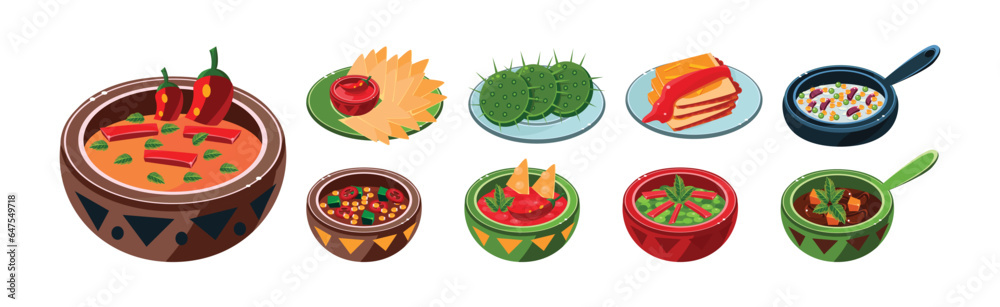 Sticker bright mexican food and dish served on plate vector set