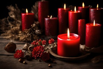 crimson   decoration with candle and tree crimson hue contrasts sharply with the dark, dramatic backdrop, creating a sense of mystery and intrigue