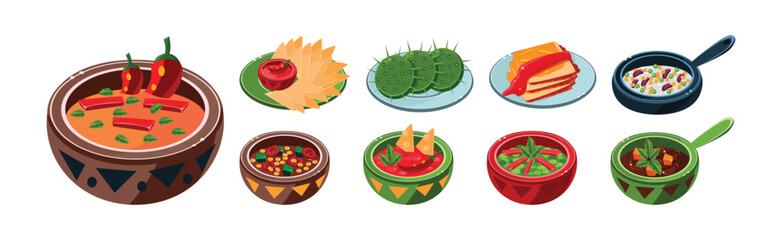 Bright Mexican Food and Dish Served on Plate Vector Set