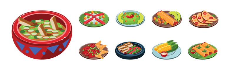 Bright Mexican Food and Dish Served on Plate Vector Set