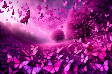 Dreamscape image with thousands of pink and purple butterflies purple butterflies flutter gracefully through the air, creating a mesmerizing tableau.