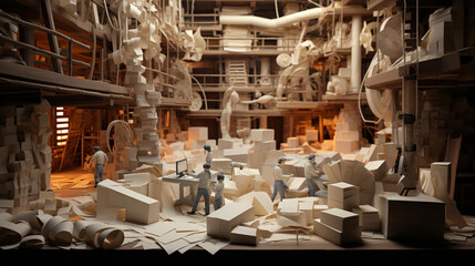 Paper art and craft design concept inside factory staff concentrate on work. Created using generative AI.