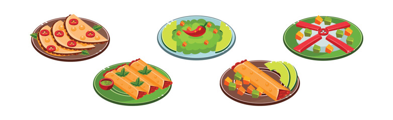 Bright Mexican Food and Dish Served on Plate Vector Set
