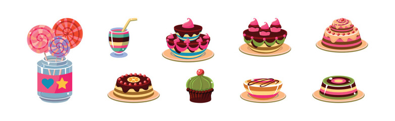 Sweet Dessert and Different Sugary Treat Vector Set