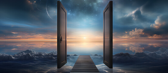 a large open door to the ocean and sunset