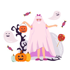 Happy girl in trendy ghost costume trick or treat pumpkin going to party with carnival decorations. Halloween holiday party children creepy celebration in kindergarten or school. Vector illustration
