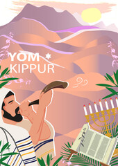 Shafar, candlestick, book, mountain, Yom Kippur, art illustration in vector.