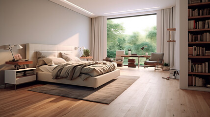 Bedroom, interior design of modern bedroom with hardwood floor.generative ai
