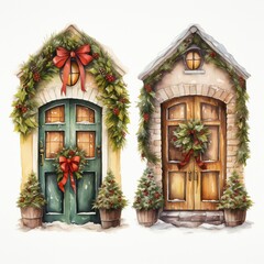 Fototapeta na wymiar Cecorated Christmas cosy house doors on white background Generative AI