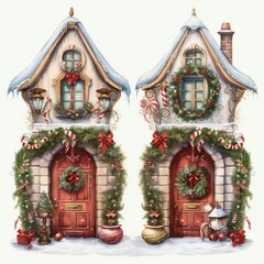 Fototapeta premium Cecorated Christmas cosy house doors on white background Generative AI