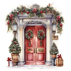 Fototapeta na wymiar Cecorated Christmas cosy house doors on white background Generative AI