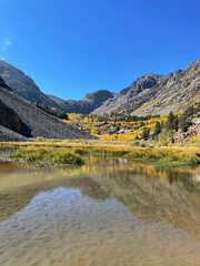 Mountains and fall colors reflected in a pond at Lundy Canyon, Eastern Sierra California