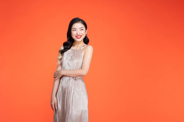 Nice lady ready for prom night wear cute dress isolated red background