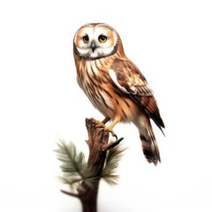 Northern saw-whet owl bird isolated on white background.
