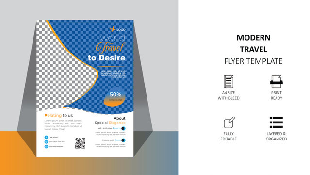 Travel poster or flyer template brochure design layout space for photo background. Yellow Travel flyer template for travel agency end year promo package