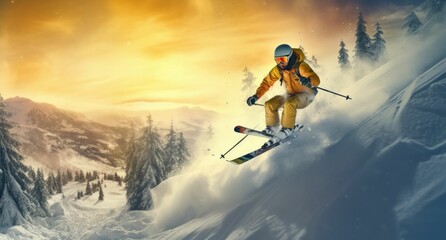 Skier jumping on snow mountains on slope with his skis