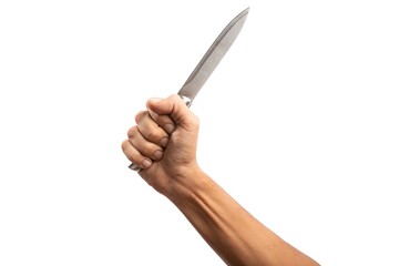 black male hand holding a silver knife on an isolated white background