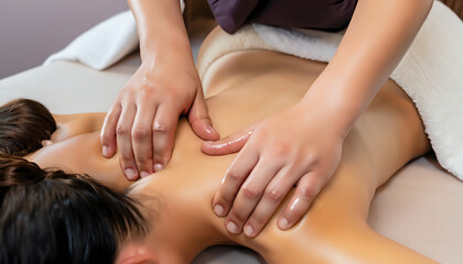 person receiving massage, A close-up shot capturing the tranquil touch of a masseuse's hands as they work their magic on a young woman's back, Ai generative