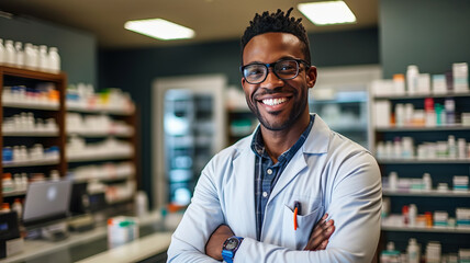 photograph of Smiling portrait of a handsome pharmacist in a pharmacy store.generative ai - Powered by Adobe