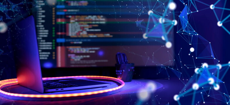 SEO optimization. Modern tech. PHP syntax highlighted. Writing programming functions on laptop. Big data and Internet of things trend.