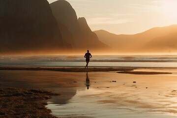 Running woman in the sand at sunrise