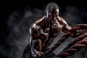 Fototapeta na wymiar Portrait of strong young black man exercising with battle ropes during workout in modern gym, alone.