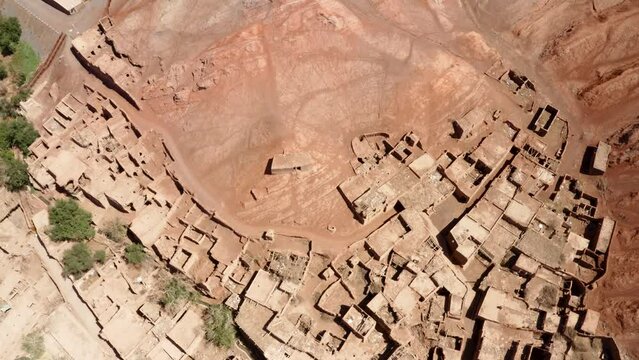Tuyoq oasis-village in the Taklamakan desert, China, Aerial top down view