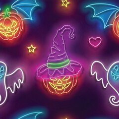 Seamless pattern with glow Witch Pumpkin in Hat, Vampire Pumpkin and Cute Ghost. Halloween Withcraft Mood. Neon Light Texture, Signboard. Glossy Background. Vector 3d Illustration