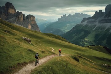 Fototapeta na wymiar Mountain biker cyclist riding a bicycle downhill on a mountain bike trail