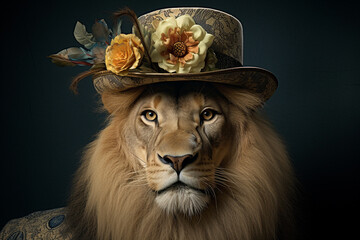 a cool lion wearing a hat