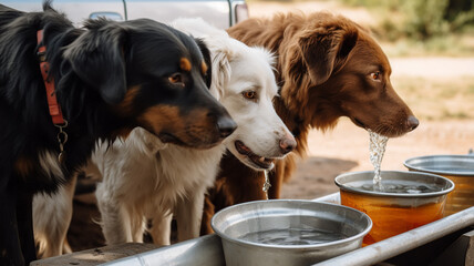 Dogs drinking water near car